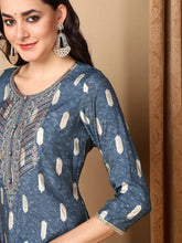 Women Blue Silk Blend Embroidered Straight Kurta Pant Set With Dupatta-PKSKD2160